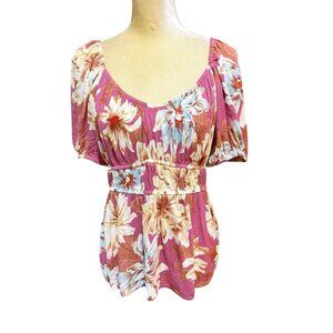 Maurices Pink Floral Empire Waist Puff Sleeve Top SZ Large Milkmaid Fairy Core